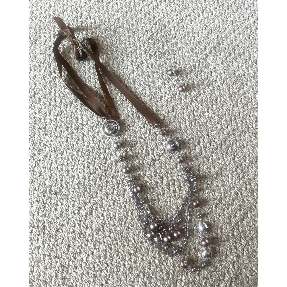 Paparazzi Jewelry Necklace &‎ Earrings Set Brown Ribbon & Silver Multi Chain